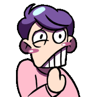 a cartoon drawing of a woman with purple hair and a pink shirt