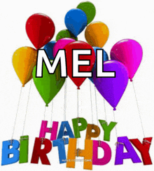 a birthday card for mel with colorful balloons and the name mel