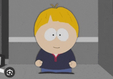 a cartoon character from south park with blonde hair and white eyes is standing in a room .