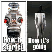 a picture of a robot and a picture of a person with the words how it started and how it 's going on it