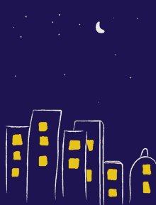 a drawing of a city at night with a moon in the sky