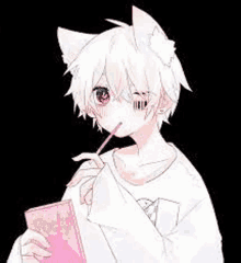 a white anime boy with cat ears is drinking from a pink straw .