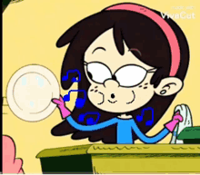 a cartoon girl is holding a plate in her hands while wearing a headband and gloves .