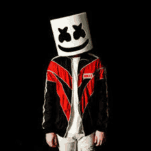 marshmello is wearing a red and black jacket and a marshmallow mask on his head .