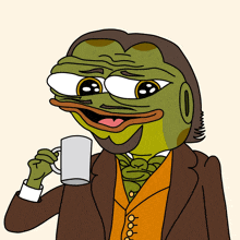 a cartoon of a frog in a suit drinking from a mug