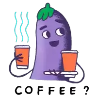 a cartoon illustration of an eggplant holding two cups of coffee and the question coffee