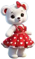 a white teddy bear wearing a red dress with white hearts and a red bow .