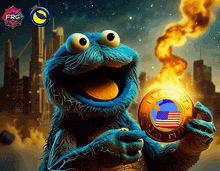 a cookie monster is holding a coin with the united states of america on it