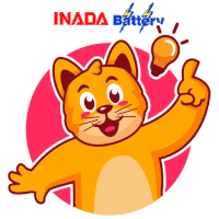 a cartoon cat giving a thumbs up with a light bulb above his head and the words inada battery below him