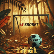 a soccer ball with the word sbobet on it in front of a goal