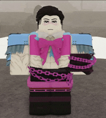 a roblox character with a pink bow and chains around his waist is standing on a table .