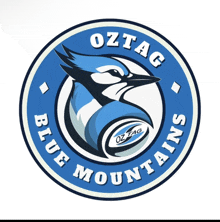 a logo for oztag blue mountains shows a blue jay