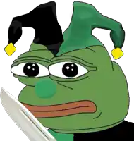 a green frog wearing a jester hat is holding a knife