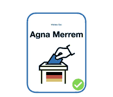 a sign that says agna merrem with a hand putting a ballot in a ballot box