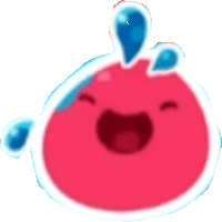 a pink cartoon character with blue drops of water on it 's face