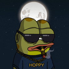 a cartoon of a frog wearing sunglasses and a shirt that says hoppy