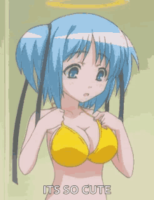 a blue haired anime girl in a yellow bikini with the words " its so cute " written below her