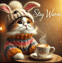 a cat wearing a knitted hat and sweater is sitting next to a cup of coffee that says stay