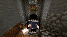 a person in a minecraft video game with a book on their lap