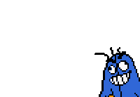 a pixel art drawing of a blue monster with a big smile