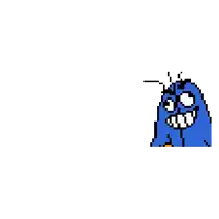 a pixel art drawing of a blue monster with a big smile