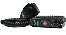 a black cb radio with a picture of a woman on it