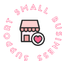 a logo for small business support with a pink store and a heart