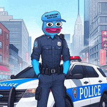 a police officer wearing a make memecoins based again hat is standing in front of a police car