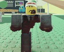 a roblox character with a sad face and a hat with roblox on it