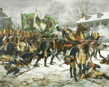 a painting of soldiers fighting in the snow with flags including one that says ' united states ' on it