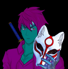 a drawing of a person with purple hair holding a mask