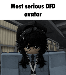 a picture of a girl with glasses and a hat with the caption most serious dfd avatar