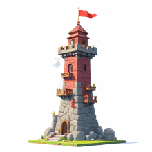 a red lighthouse with a red flag on top of it