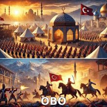 a painting of a military parade and a painting of a military battle with the word obo on the bottom