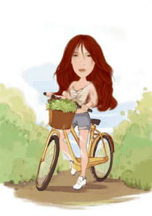 a cartoon of a woman riding a bicycle with a basket full of flowers