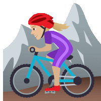 a woman wearing a red helmet is riding a blue bicycle