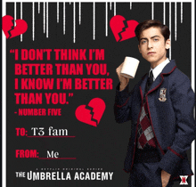 a poster for the umbrella academy shows a man holding a cup