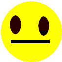 a yellow smiley face with two brown eyes and a black line between the eyes .