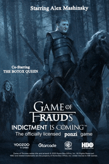 a poster for game of frauds shows a man riding a horse .