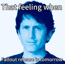 a picture of a man with a caption that says that feeling when fallout release is tomorrow