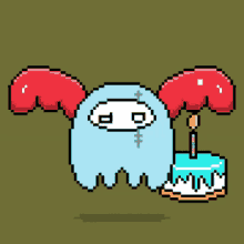 a pixel art drawing of a ghost with red wings and a birthday cake with a candle