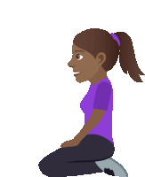 a woman in a purple shirt is kneeling on the floor