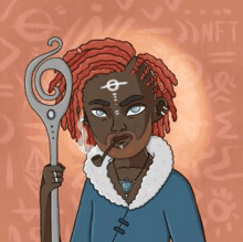 a cartoon of a man with dreadlocks smoking a pipe while holding a wand .