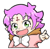 a cartoon character with pink hair and green eyes is giving a thumbs up sign .