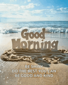 a beach scene with the words good morning on it