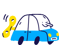 a cartoon drawing of a blue car with a yellow key attached to the door