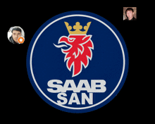 a blue and white saab san logo with a crown