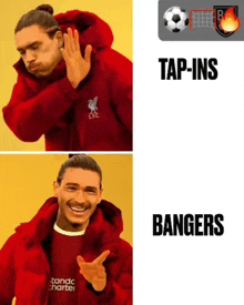 a man wearing a red jacket that says tap-ins bangers on it