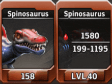 a spinosaurus card with 158 and lvl40 written on it