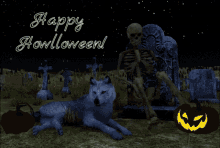 a picture of a wolf and a skeleton with the words happy howloween